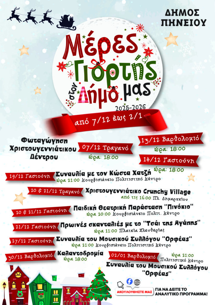 Χριστουγεννιάτικο Πρόγραμμα Εκδηλώσεων Δήμου Πηνειού